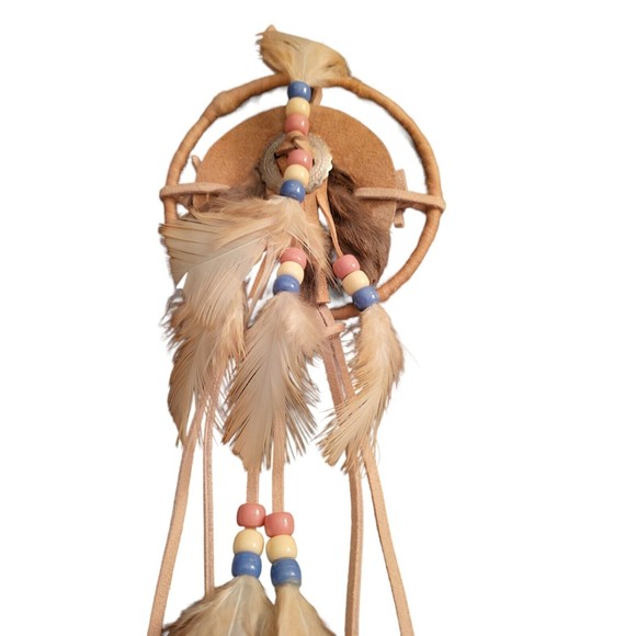 Handmade Dream Catcher Bead Feathers Light Brown/Tan Native American Southwester - Picture 2 of 4